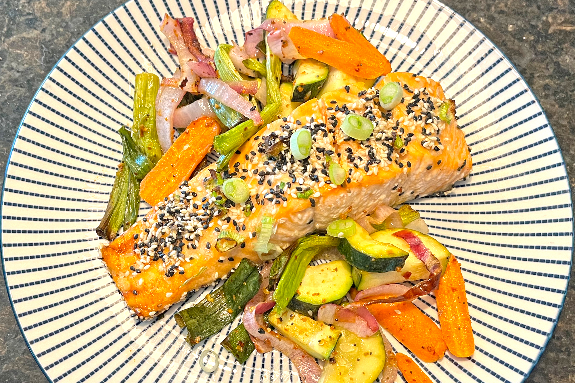 Ponzu Sesame Salmon and Spicy, Roasted Vegetables - More Than Our Story
