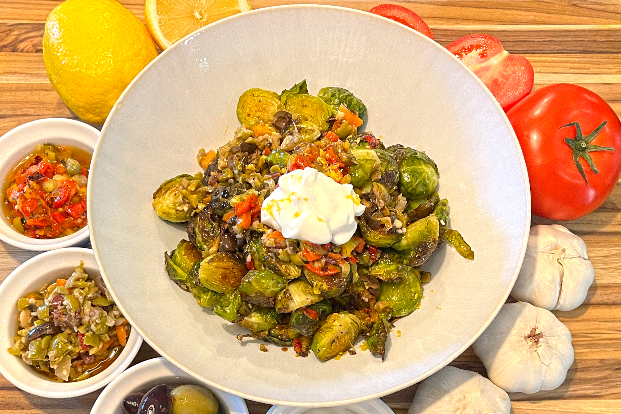 Roasted Brussels Sprouts with Toum, Tapenade and Balsamic - More Than Our Story